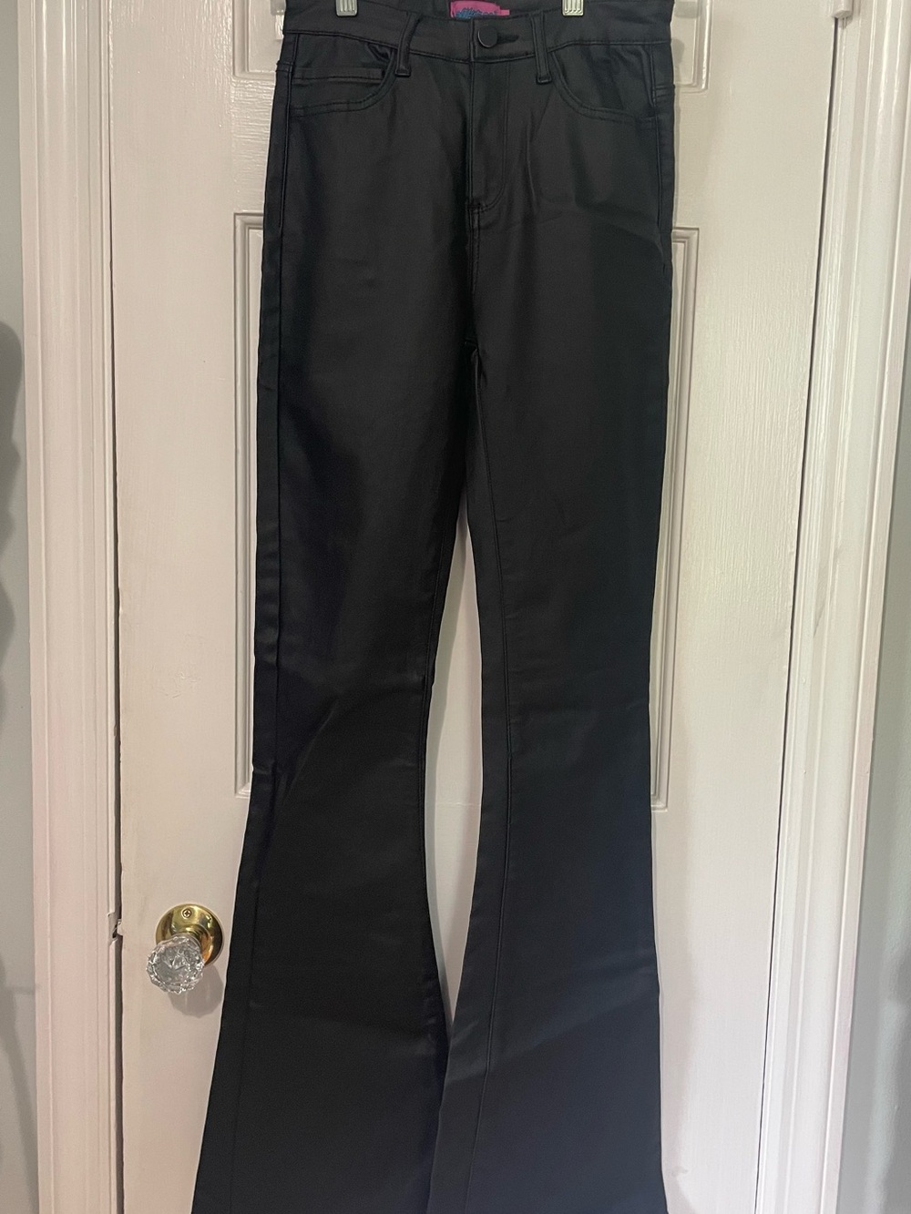 Edikted Black Faux Leather Mid Rise Flared Jeans